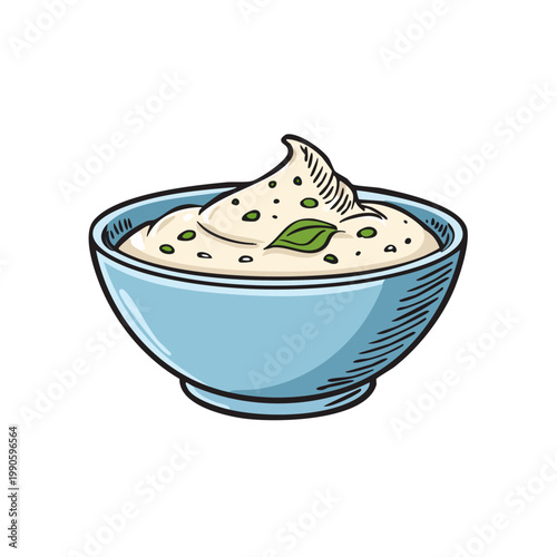 Hand-drawn illustration of creamy dip in a blue bowl with herbs and seasoning