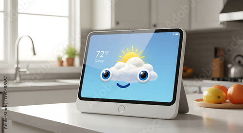 Smart display with weather app on kitchen countertop with fruits