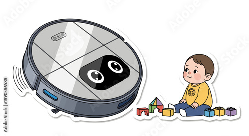 Cute cartoon boy playing with toys next to robot vacuum cleaner