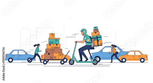 delivery people transporting boxes on scooter and cart with cars