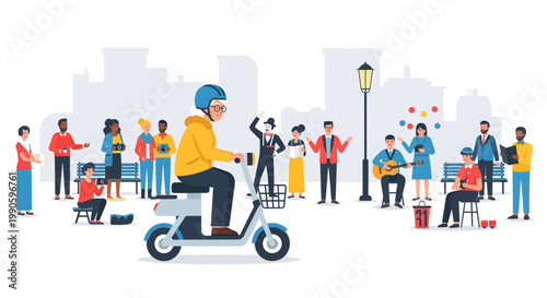 City life with people walking and riding electric scooter