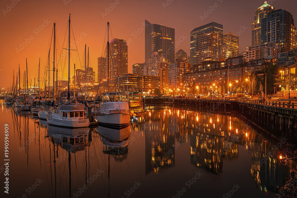 Fototapeta premium Modern harbor district with yachts and illuminated skyline reflecting on calm water at sunset, creating warm and peaceful urban atmosphere