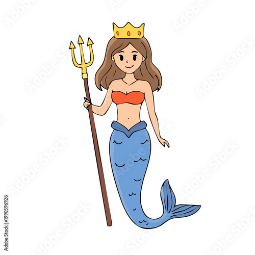 Cartoon Mermaid Queen with Trident and Crown Underwater Fantasy Character