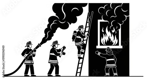 Firefighters battling a building fire with water hose and ladder.