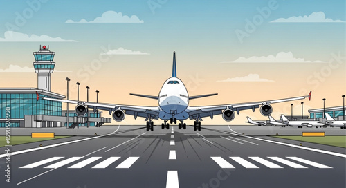 Airplane on Runway at Airport with Control Tower.