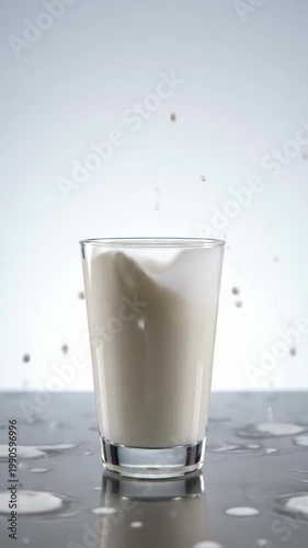 Pouring milk into a glass for a healthy, clean breakfast drink on a gray surface with a bright background.