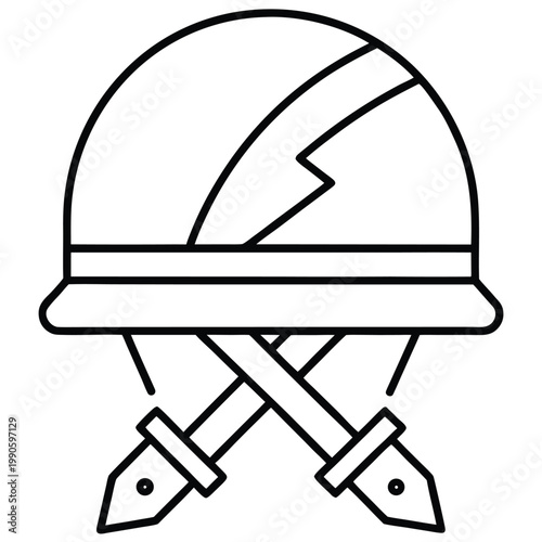 line drawing of a hard hat with crossed pickaxes underneath