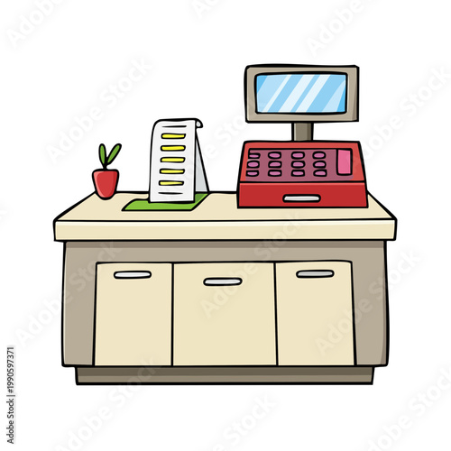 Cartoon illustration of a checkout counter with a cash register, receipt, and potted plant