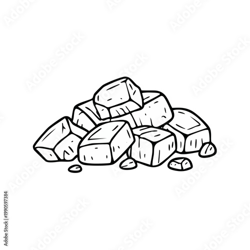 Heap of rough cut gemstones or crystals in simple line art style