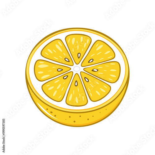 Vibrant Yellow Lemon Slice Illustration with Seeds and Pulp Detailed Cross Section