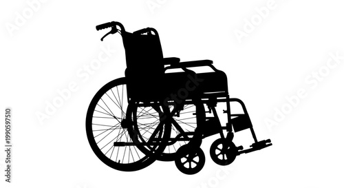 Silhouette of a manual wheelchair against a stark white background
