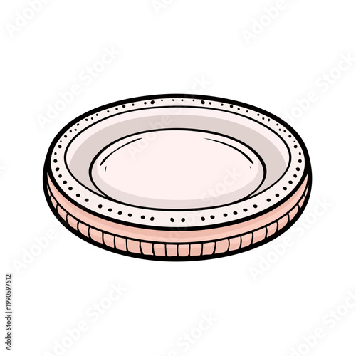 Hand-drawn illustration of a simple round empty ceramic plate with decorative rim