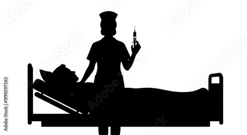 A nurse prepares an injection for a patient lying in a hospital bed