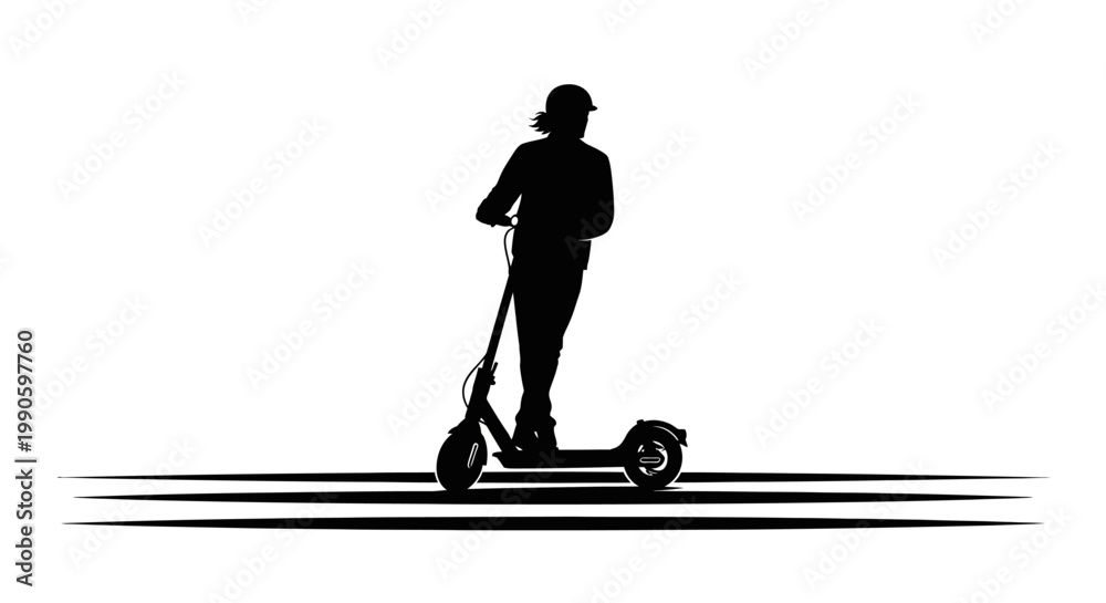 Fototapeta premium Silhouette of a person riding an electric scooter against a white background