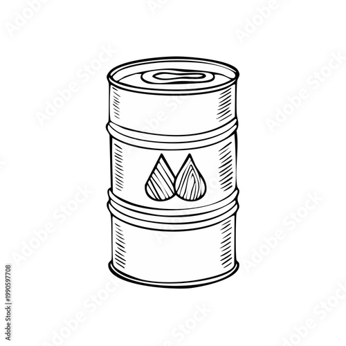 Hand drawn illustration of a metal oil drum with liquid symbols and industrial feel