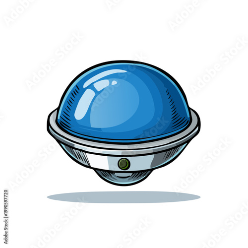 Retro futuristic glowing blue UFO hovering with bright light illustration