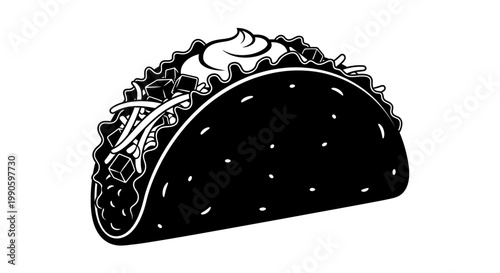 A black and white illustration of a fully loaded taco with various fillings