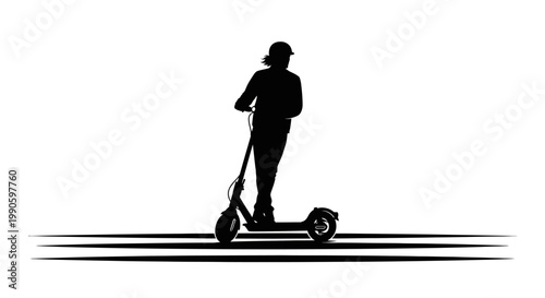 Silhouette of a person riding an electric scooter against a white background