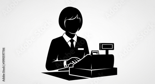 Cashier Working at a Retail Store Counter with Cash Register.