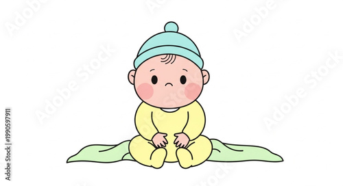 Cute Baby Sitting Wearing Hat and Onesie on Blanket.