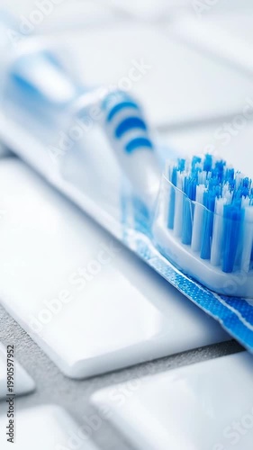 Close-up of blue and white toothbrush on white tiles, dental care and hygiene concept.