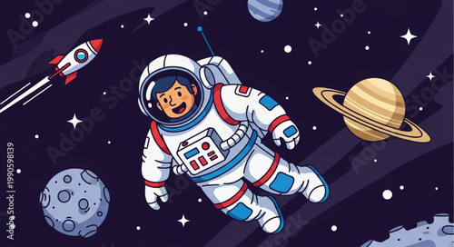 Astronaut floating in outer space with planets and stars.