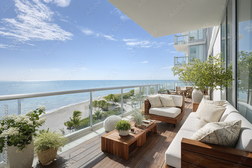 Fototapeta premium Modern seaside condo terrace with panoramic ocean view, wooden furniture, white cushions, and green plants creating relaxing and bright outdoor living space by beach