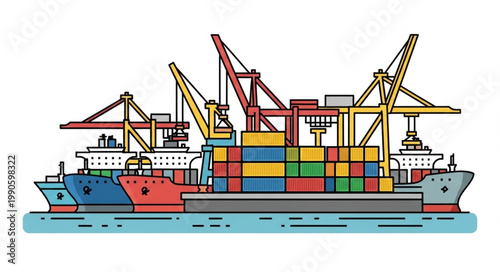 Cargo ships with cranes at a busy port loading containers.