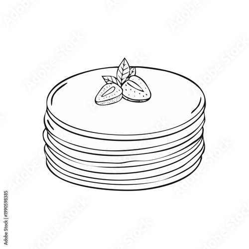 Hand drawn stack of delicious pancakes with fresh strawberries and mint leaves in a minimalist sketch style