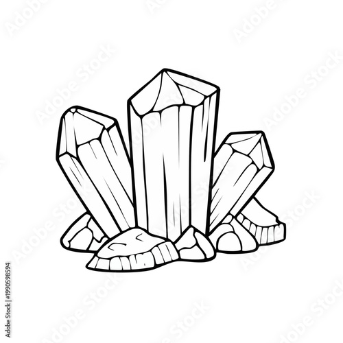 Outline drawing of a cluster of quartz crystals emerging from rock and soil