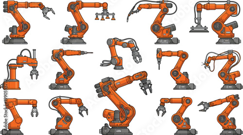 Industrial robotic arms collection illustration, automated factory machinery set with articulated robots for manufacturing assembly and engineering technology concept