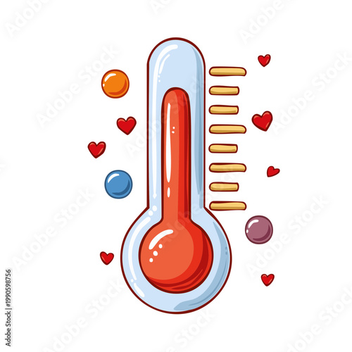 Cartoon thermometer showing high temperature with hearts and colorful circles representing love and warmth