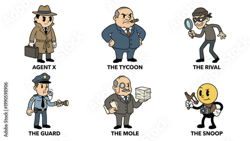 Vintage Cartoon Character Set: Agent, Tycoon, Thief, Police, Informant, Spy Illustrations for Crime & Business Themes
