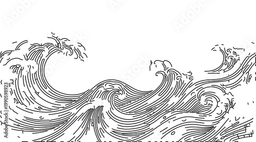 Detailed ink drawing depicts stylized ocean waves in black and white