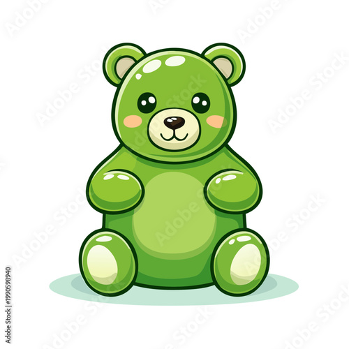 Cute cartoon green gummy bear character sitting and smiling with rosy cheeks adorable and sweet
