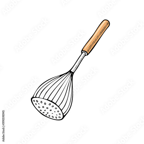 Hand drawn illustration of a slotted spatula with a wooden handle isolated on white