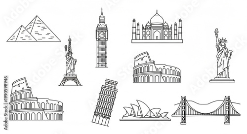 Collection of Famous World Landmarks in Sketch Style.