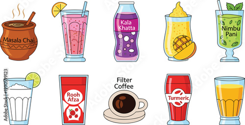 Authentic South Asian Beverage Vector Illustration Set Featuring Masala Chai Kala Khatta Nimbu Pani Mango Lassi Rooh Afza and Filter Coffee for Indian Cuisine Menus