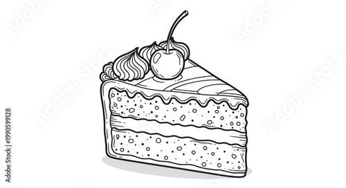 Slice of cake with cherry on top illustration.