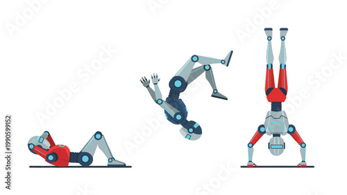 AI Robots Exercising Set: Sit-up, Backflip, Handstand. Futuristic Fitness, Agility, and Technology in Motion