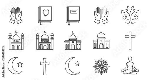 Collection of Religious Symbols and Places of Worship Icons.
