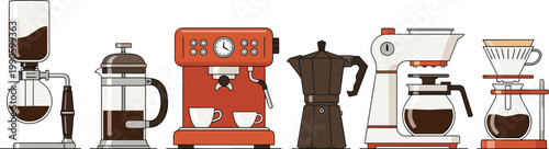 Vector Set of Coffee Brewing Equipment Including Espresso Machine, French Press, Moka Pot, Pour-Over, and Coffee Maker Designs