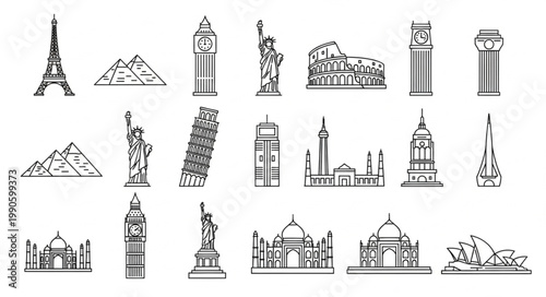 Collection of famous world landmarks in sketch style.