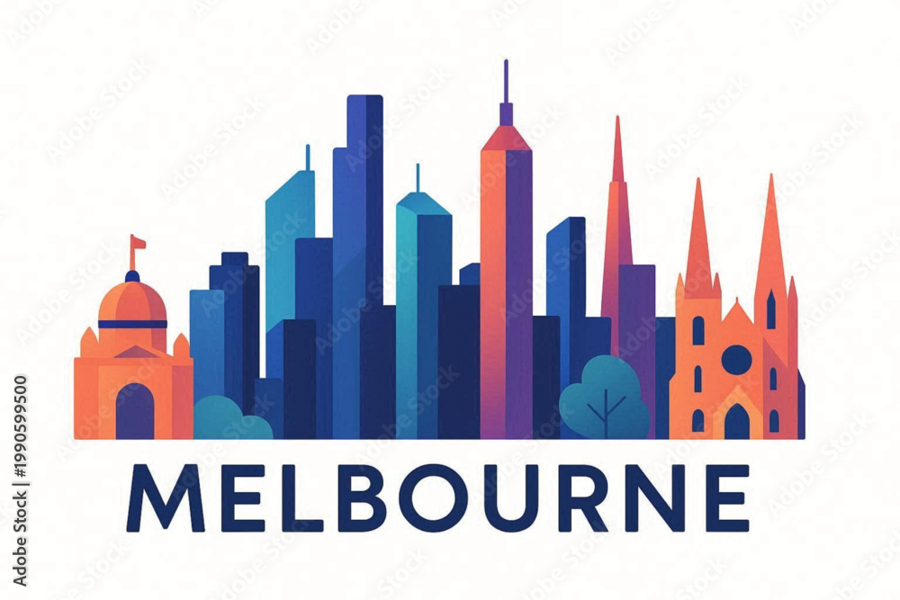 Fototapeta premium Melbourne City Skyline Illustration with Modern Architecture and Iconic Landmarks