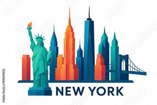 Slika na platnu New York City Skyline Illustration with Statue of Liberty and Modern Urban Landm