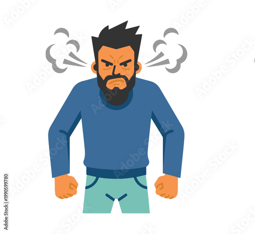 Vector illustration of an intensely angry man with a beard, steam rising from his ears, conveying extreme frustration, stress, and rage