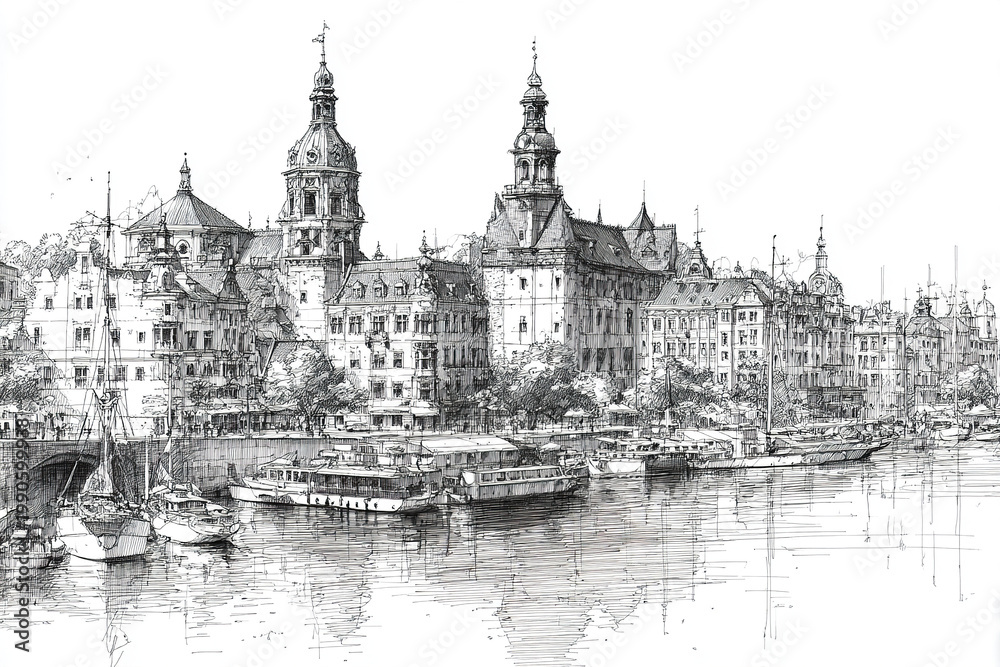 Fototapeta premium Monochrome cityscape line drawing with historic buildings and boats docked along waterfront, showcasing detailed architecture and calm water reflections in peaceful urban setting