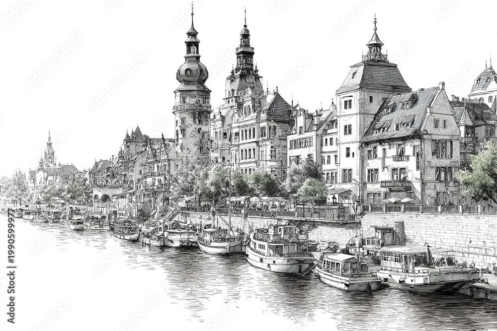 Fototapeta premium Historic cityscape line drawing with boats docked along riverbank, detailed architecture and lively waterfront scene in monochrome style