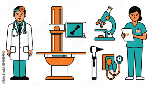 Healthcare Professionals and Diagnostic Medical Equipment Illustration