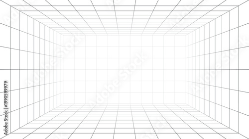 Abstract perspective grid room white background 3d wireframe interior space futuristic technology scene geometric lines depth virtual environment minimal architecture construction layout design